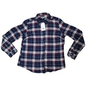 OCEAN COAST Mens L Plaid Flannel Button Down‎ Shirt Long Sleeve Navy White (AF)
